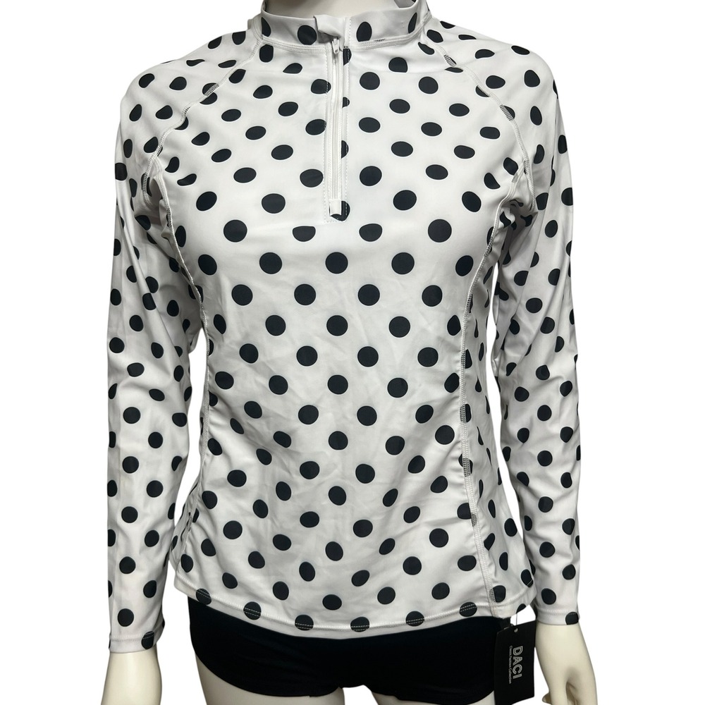 DACI Women QuarterZip Performance Pullover Polka Dot Long Sleeve Swim Top Medium